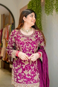 Karwa Chauth Heavy Embroidery Work Plazzo Suit - Fuchsia Pink, L