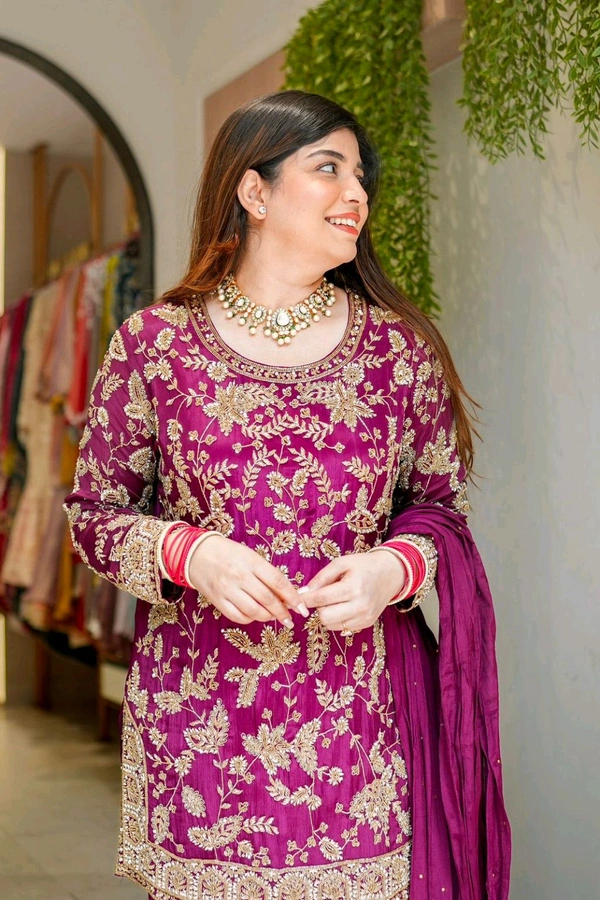 Karwa Chauth Heavy Embroidery Work Plazzo Suit - Fuchsia Pink, L