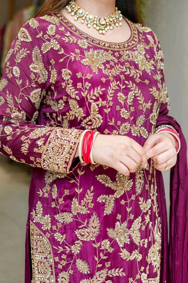 Karwa Chauth Heavy Embroidery Work Plazzo Suit - Fuchsia Pink, L