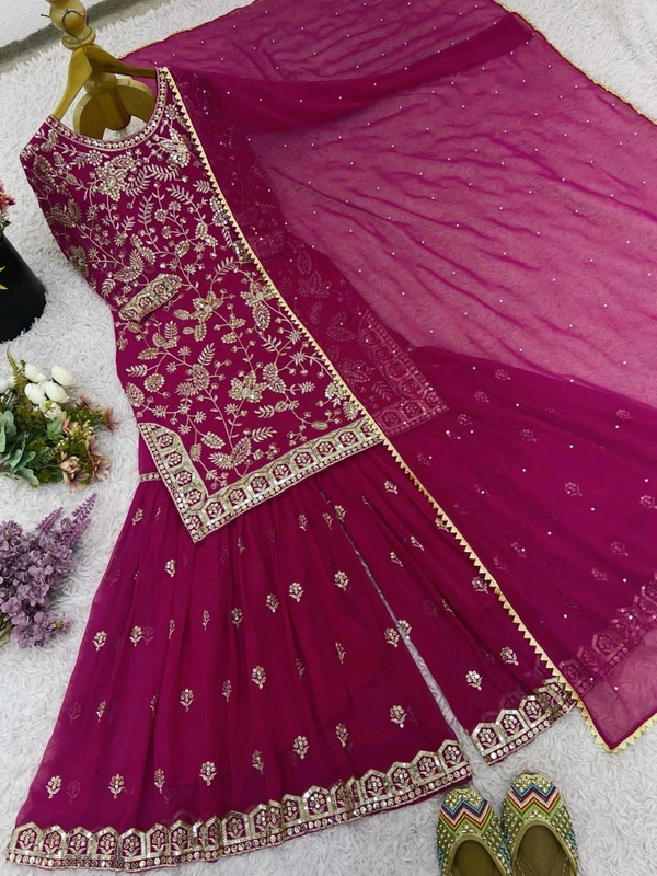 Karwa Chauth Heavy Embroidery Work Plazzo Suit - Fuchsia Pink, L