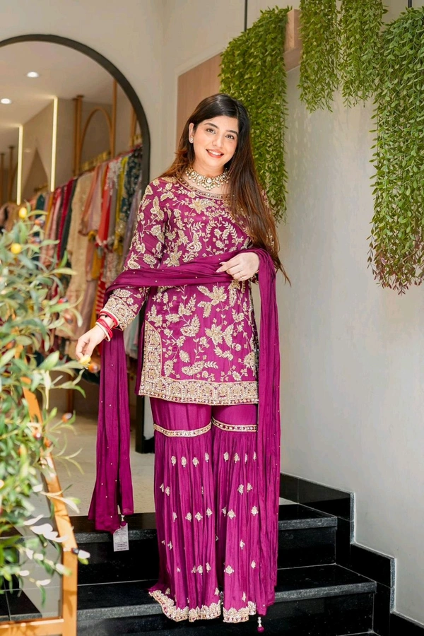 Karwa Chauth Heavy Embroidery Work Plazzo Suit - Fuchsia Pink, XXL