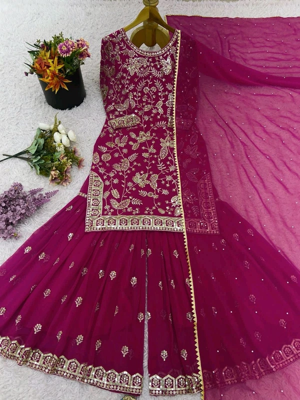 Karwa Chauth Heavy Embroidery Work Plazzo Suit - Fuchsia Pink, XXL