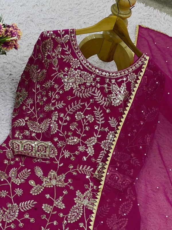 Karwa Chauth Heavy Embroidery Work Plazzo Suit - Fuchsia Pink, XXL