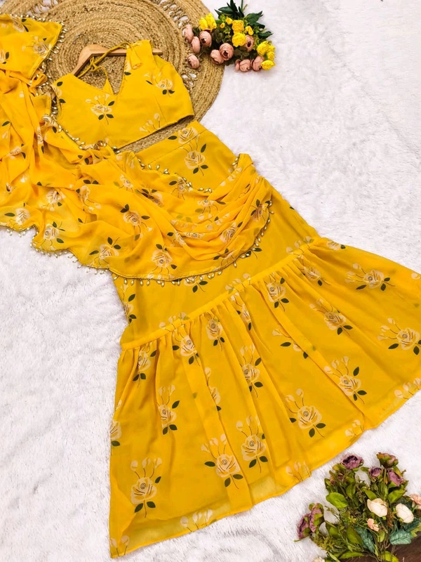 Haldi Function Ready To Wear Lehenga Saree - Free Size Upto 42in Margin 44in