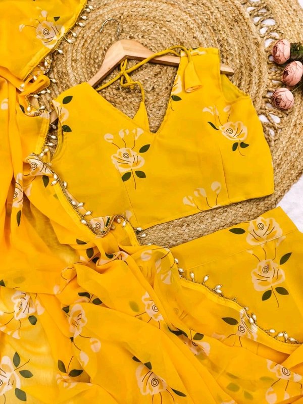 Haldi Function Ready To Wear Lehenga Saree - Free Size Upto 42in Margin 44in