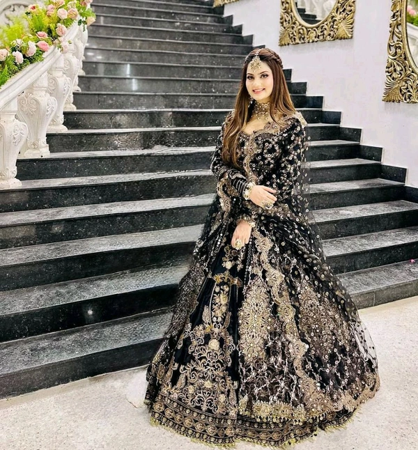 Bridal Wear Heavy Black Lehenga - Semi Stiched Upto 44inch