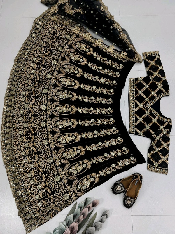 Bridal Wear Heavy Black Lehenga - Semi Stiched Upto 44inch