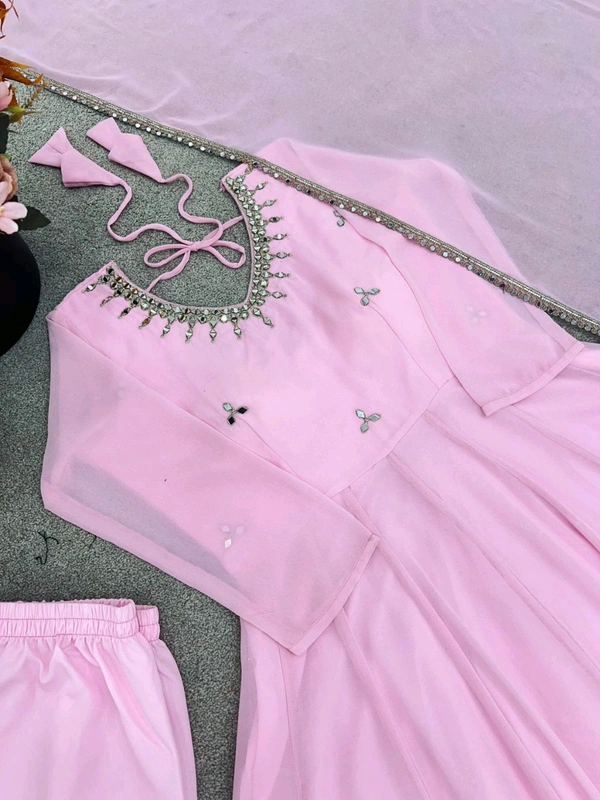 Real Mirror Work Baby Pink Anarkali Suit - L
