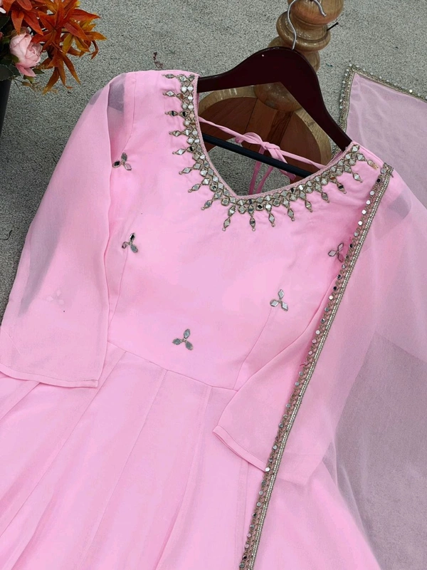 Real Mirror Work Baby Pink Anarkali Suit - L