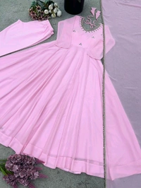 Real Mirror Work Baby Pink Anarkali Suit - L