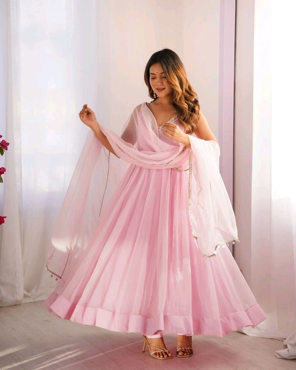 Real Mirror Work Baby Pink Anarkali Suit - XL