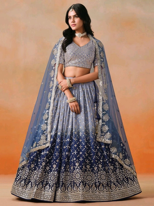 Bridal Wear Heavy Semi Stiched Lehenga - Semi Stiched Upto 44inch, Greyish Blue