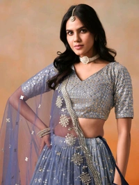 Bridal Wear Heavy Semi Stiched Lehenga - Semi Stiched Upto 44inch, Greyish Blue