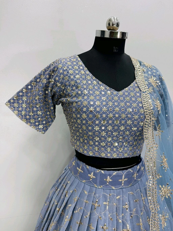 Bridal Wear Heavy Semi Stiched Lehenga - Semi Stiched Upto 44inch, Greyish Blue