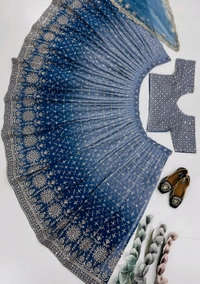Bridal Wear Heavy Semi Stiched Lehenga - Semi Stiched Upto 44inch, Greyish Blue