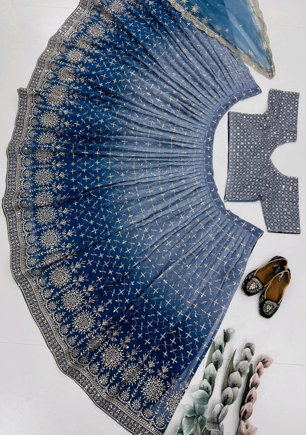 Bridal Wear Heavy Semi Stiched Lehenga - Semi Stiched Upto 44inch, Greyish Blue