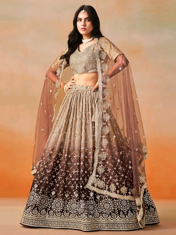 Bridal Wear Heavy Semi Stiched Lehenga - Semi Stiched Upto 44inch, Brown