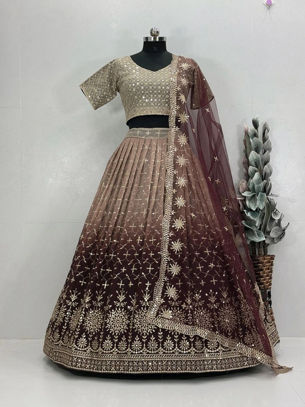 Bridal Wear Heavy Semi Stiched Lehenga - Semi Stiched Upto 44inch, Brown