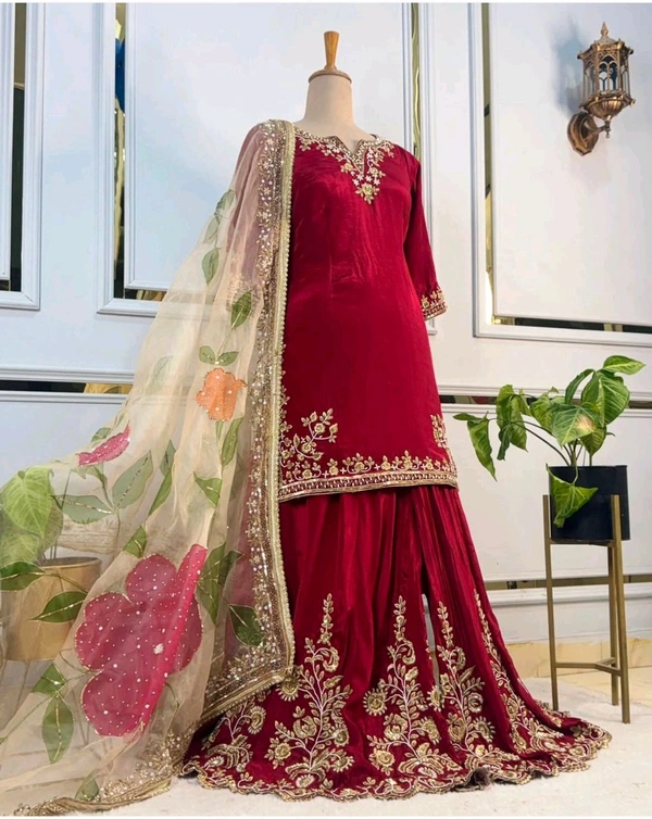 Partywear Heavy Chinon Silk Sharara Suit - M