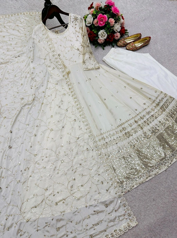 Festive Special Heavy Dola Silk Anarkali Gown With Pent and Dupatta Set - XL
