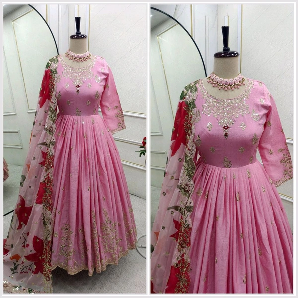 Pure Satin Silk Gown With Pent and Dupatta Set - XXL