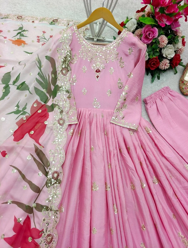 Pure Satin Silk Gown With Pent and Dupatta Set - XXL