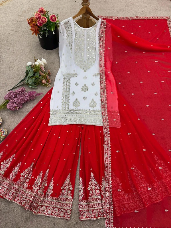 Heavy Georgette Partywear Sharara Suit - M, White