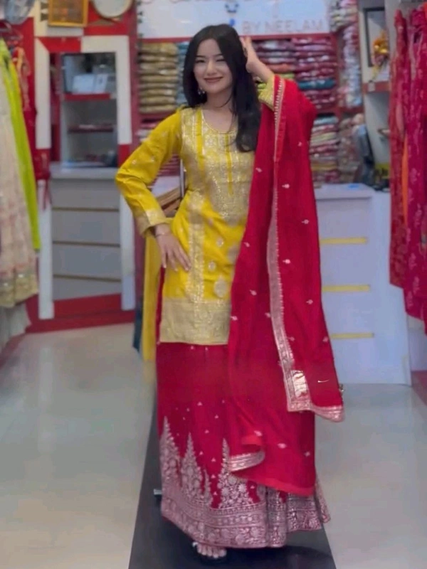 Heavy Georgette Partywear Sharara Suit - M, Yellow