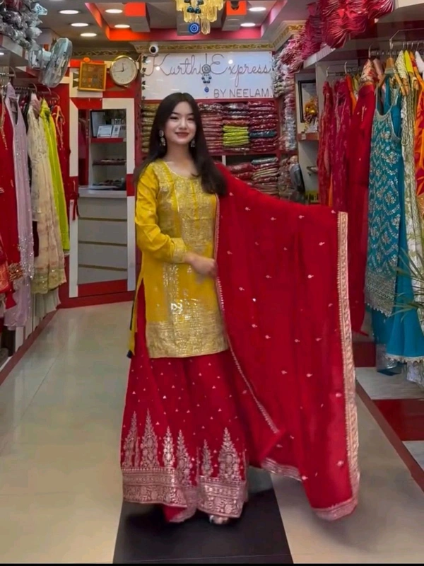 Heavy Georgette Partywear Sharara Suit - L, Yellow