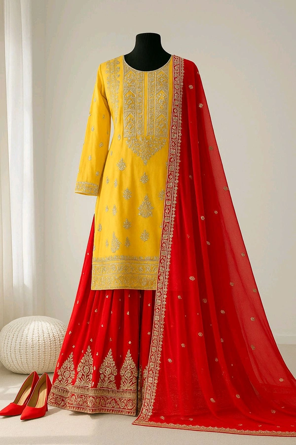 Heavy Georgette Partywear Sharara Suit - XL, Yellow