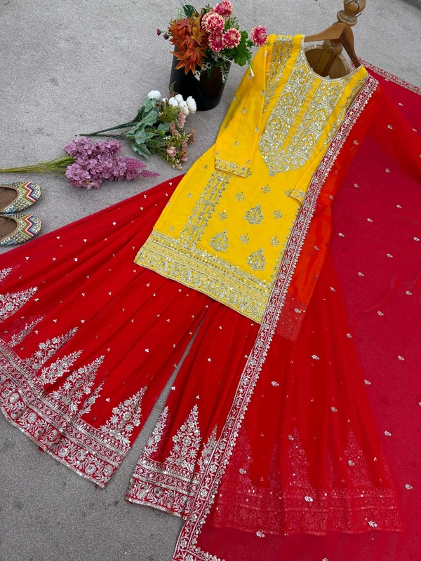 Heavy Georgette Partywear Sharara Suit - XL, Yellow