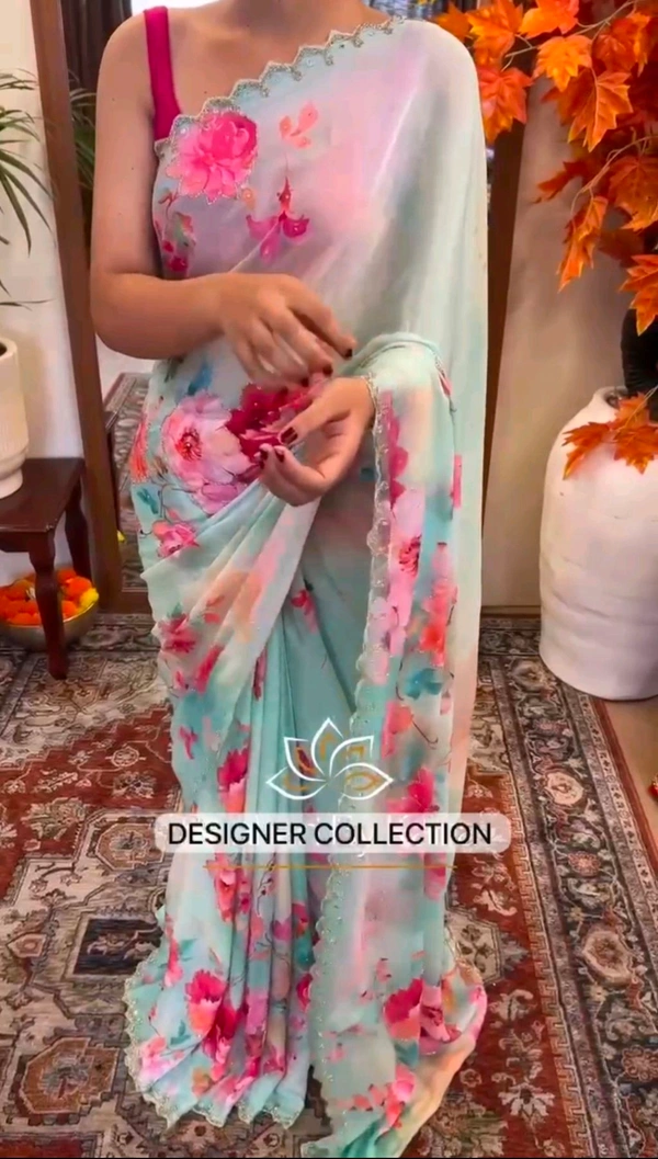 Beautiful Floral Handwork Saree With Blouse - Green