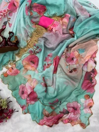 Beautiful Floral Handwork Saree With Blouse - Green