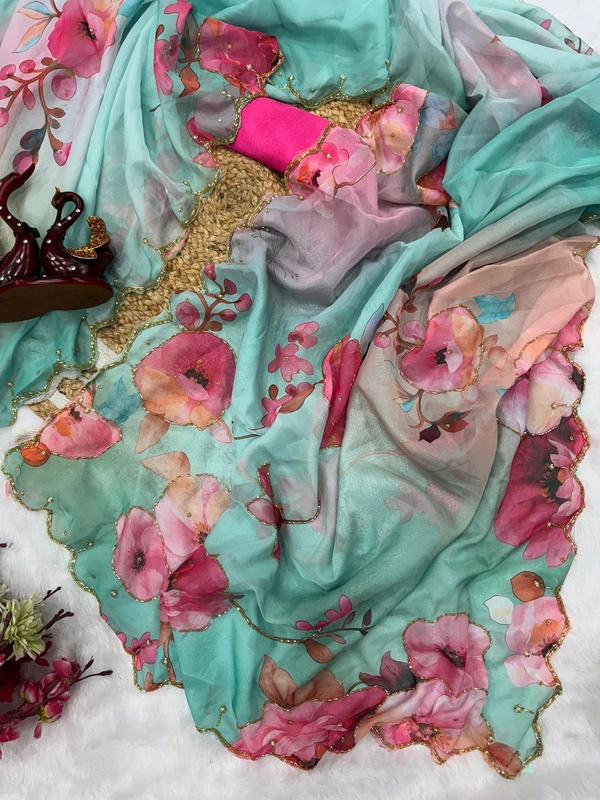 Beautiful Floral Handwork Saree With Blouse - Green