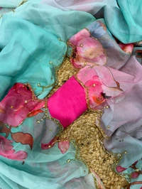 Beautiful Floral Handwork Saree With Blouse - Green