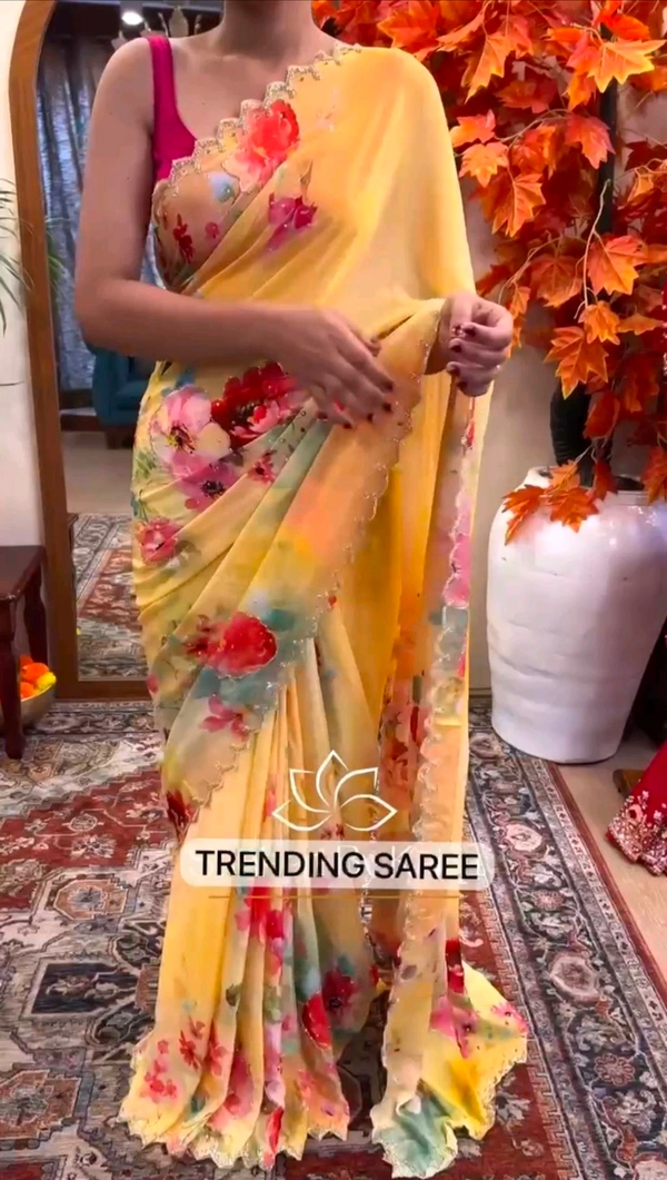 Beautiful Floral Handwork Saree With Blouse - Yellow