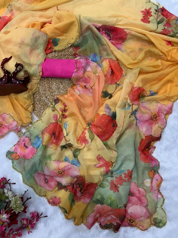 Beautiful Floral Handwork Saree With Blouse - Yellow