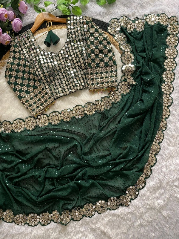Bollywood Blockbuster Mirror Work Saree With Stiched Blouse - Green