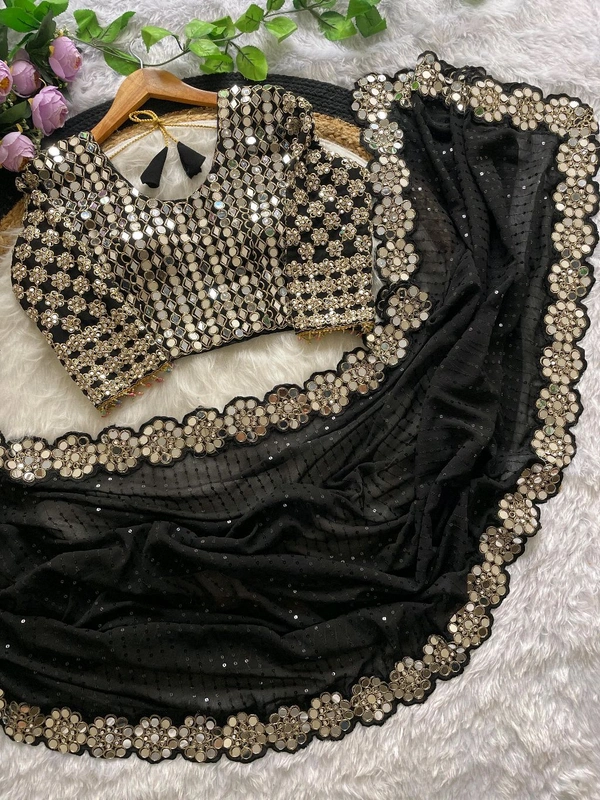 Bollywood Blockbuster Mirror Work Saree With Stiched Blouse - Black
