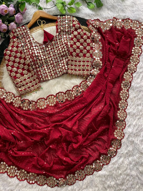 Bollywood Blockbuster Mirror Work Saree With Stiched Blouse - Bright Red