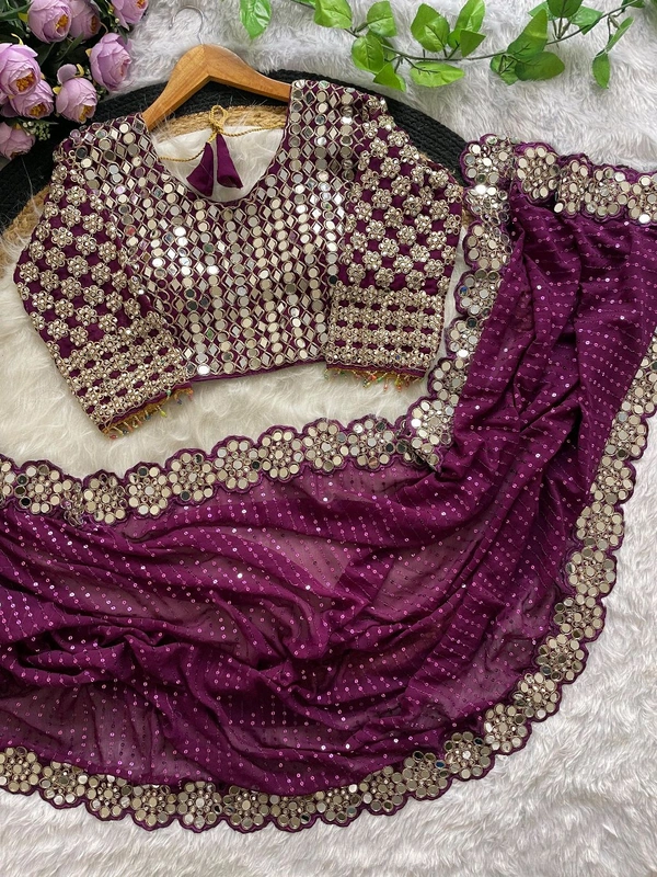 Bollywood Blockbuster Mirror Work Saree With Stiched Blouse - Purple