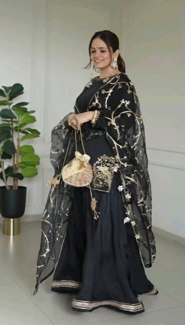 Designer Natural Crepe Embroidery Sharara Suit - M