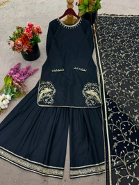 Designer Natural Crepe Embroidery Sharara Suit - M