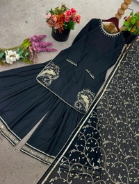 Designer Natural Crepe Embroidery Sharara Suit - M