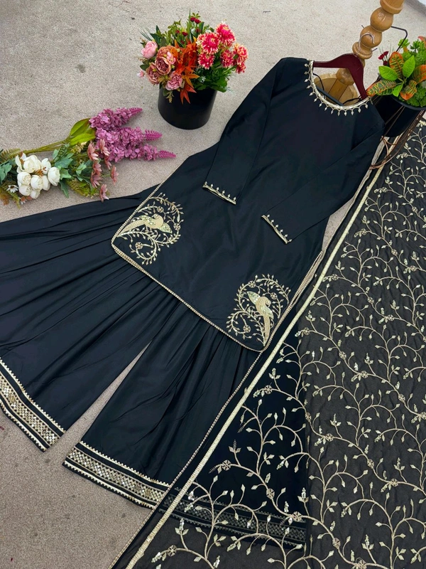 Designer Natural Crepe Embroidery Sharara Suit - M