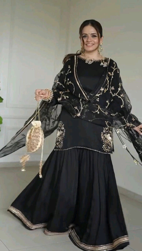 Designer Natural Crepe Embroidery Sharara Suit - L