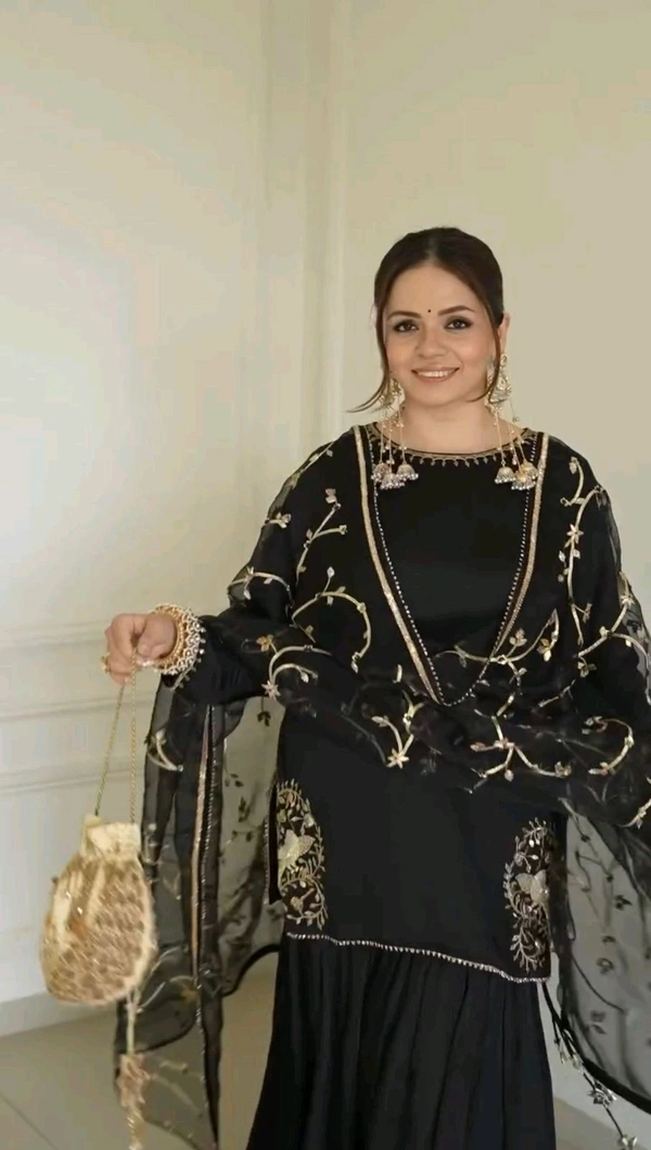 Designer Natural Crepe Embroidery Sharara Suit - L
