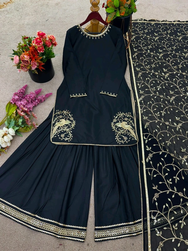 Designer Natural Crepe Embroidery Sharara Suit - XL