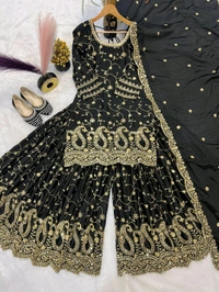 Heavy Chinon Silk Partywear Plazzo Suit - M