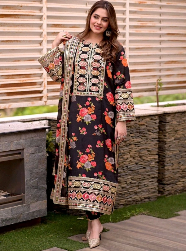 Pure Chinon Silk Heavy Embroidery Pakistani Suit - Black, L